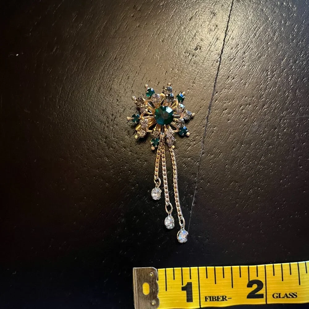 Vintage Coro Green and White Rhinestone Dangling Brooch Gold Tone